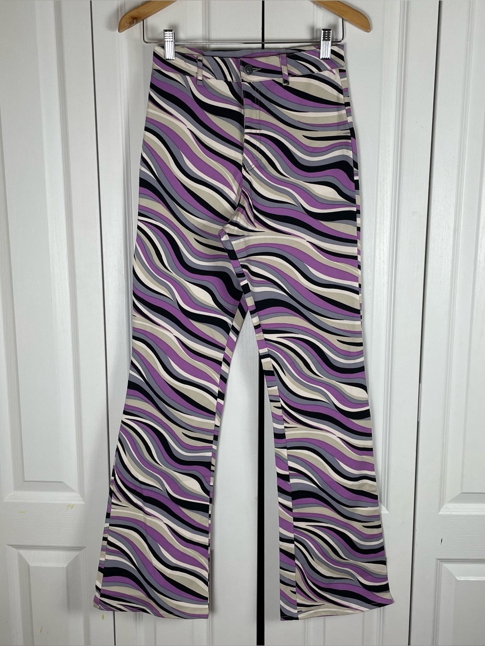 NWT Motel Zoven Trouser 60s Abstract Pants Flare Bell Bottom High Rise, Size XS